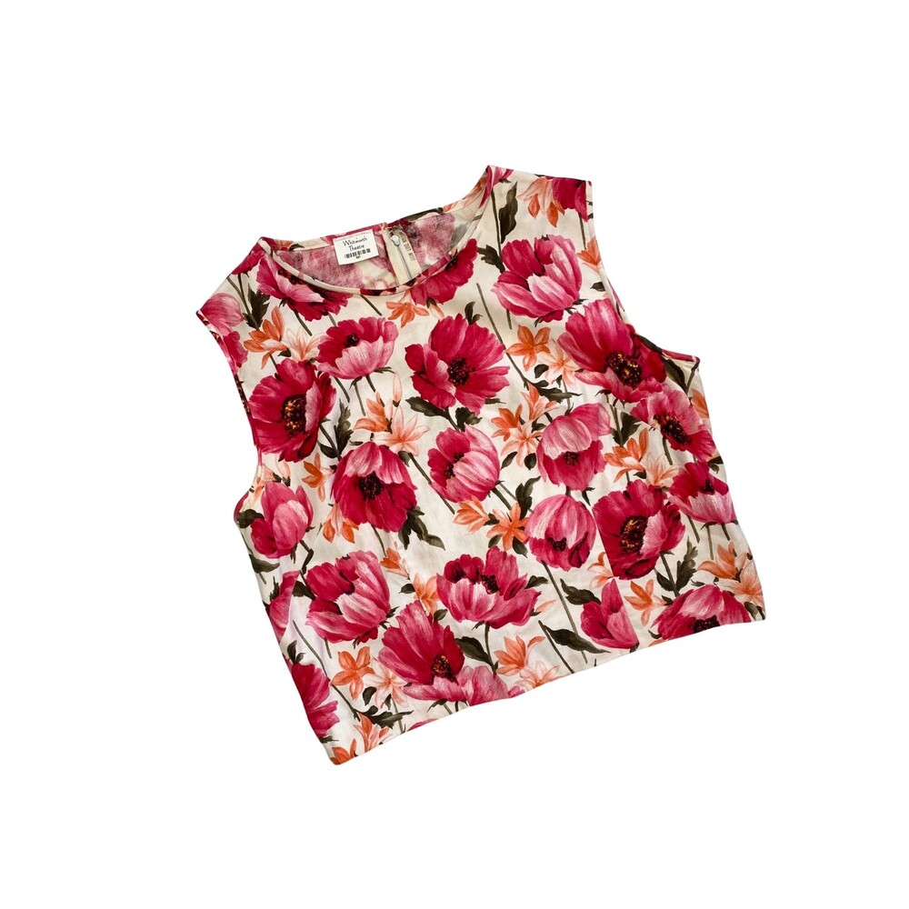 Vintage 1960s Cotton Sateen Blouse in a Pink Field Poppy Print | Size S